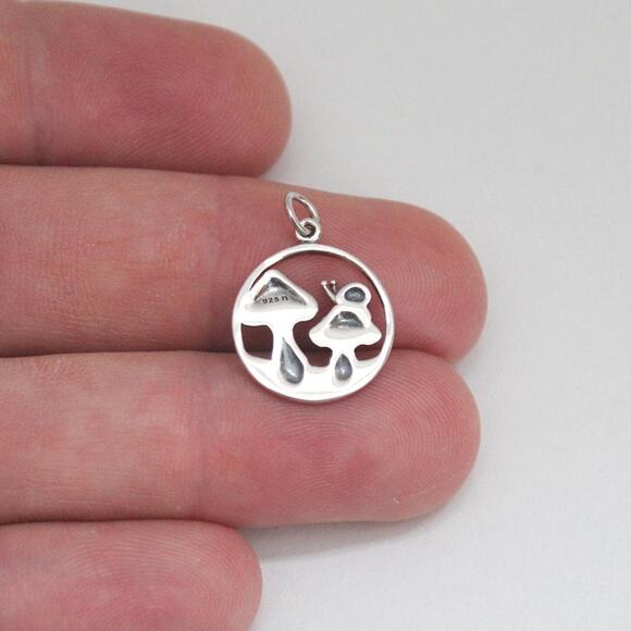 Sterling Silver Encircled Mushrooms Charm with Curious Snail Visitor - Picture 3 of 5
